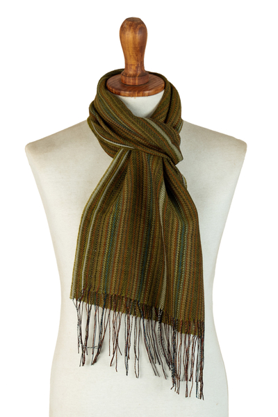 Green Baby Alpaca Blend Hand-woven Striped Scarf from Peru