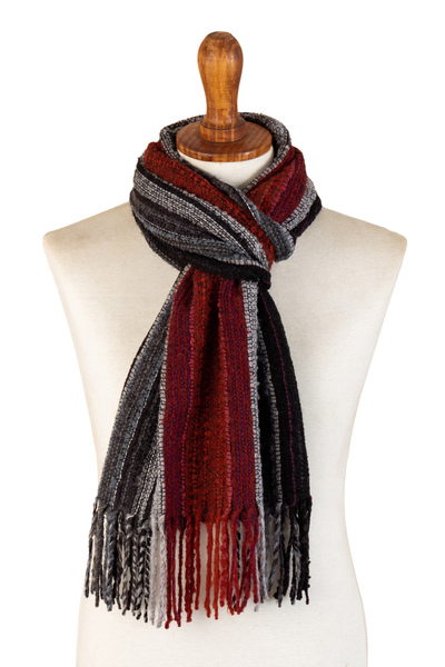 Red and Gray Baby Alpaca Blend Hand-woven Striped Scarf