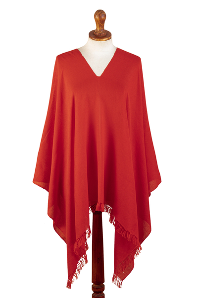 100% Cotton Deep Coral Red Poncho Handmade in Peru