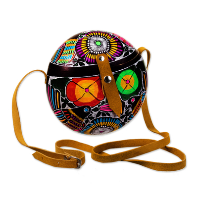 Peruvian Hand-Carved Gourd Sling Bag with Leather Accents