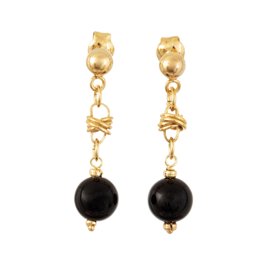 18k Gold-Plated and Obsidian Dangle Earrings from Peru