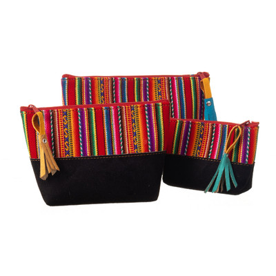 Andean-Inspired 3-Piece Suede Travel Bag Set with Zippers
