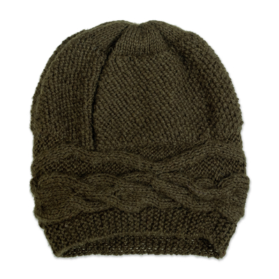 Cable Knit Green 100% Alpaca Hat from Peru