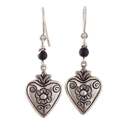 950 Silver and Obsidian Heart Dangle Earrings from Peru