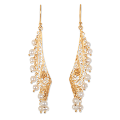 Artisan Crafted 21k Gold Plate Filigree Earrings with Pearls