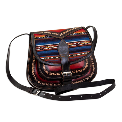 Black Leather Sling with Andean Textile and Adjustable Strap