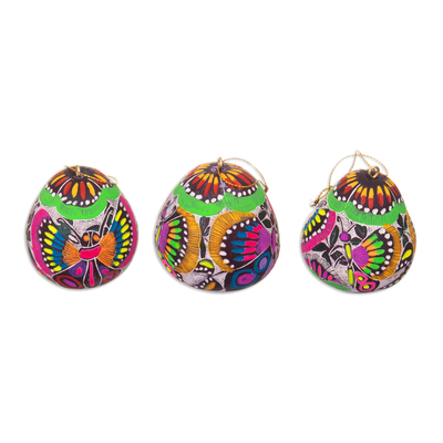 Handmade Andean Gourd Ornaments with Butterflies (Set of 3)