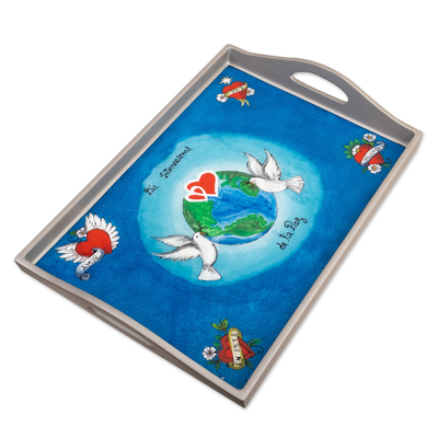 Handcrafted Peace Reverse-Painted Glass Tray in Blue