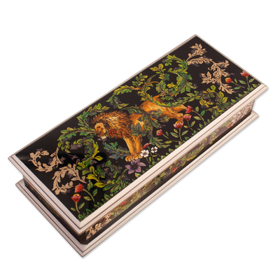 Leafy Reverse-Painted Glass Decorative Box with Lion Theme
