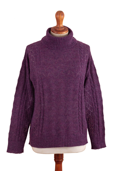 Cable Knit Turtle Neck Baby Alpaca Blend Pullover in Purple