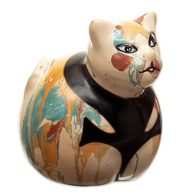 Handcrafted Ceramic Cat Statuette with Colorful Design