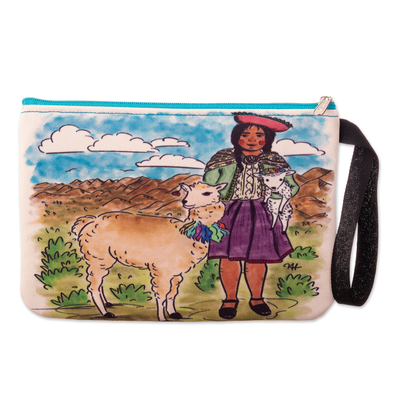 Printed Andean Landscape Wristlet with Zipper Closure