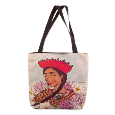 Tote Bag with Andean Lady Print and Floral Motifs