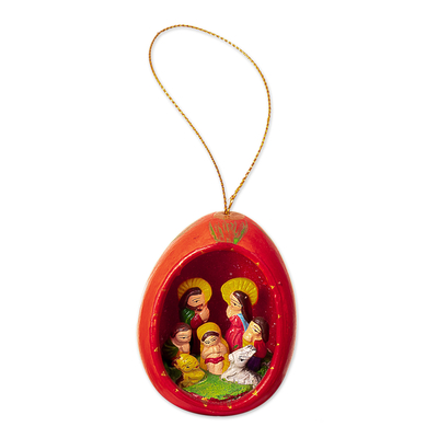 Red Ceramic Nativity Christmas Ornament Hand-Painted in Peru