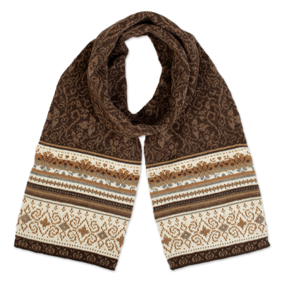 Brown and Ivory 100% Alpaca Scarf with Floral Motifs