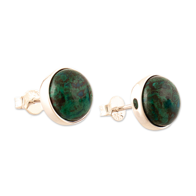Polished Sterling Silver Stud Earrings with Chrysocolla Gems