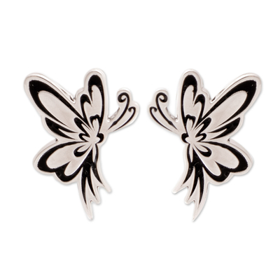 Sterling Silver Butterfly Button Earrings in Polished Finish