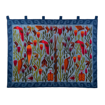 Handwoven Blue Wool Tapestry of Natural Landscape from Peru