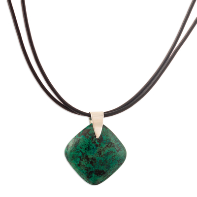Chrysocolla and Silver Pendant Necklace with Leather Cord