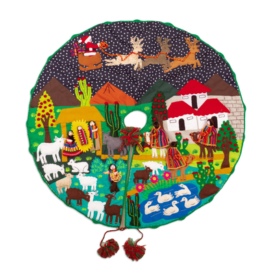Cotton Blend Applique Christmas Tree Skirt of Andean Scene