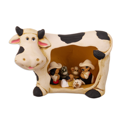 Cow Farm Christmas Nativity Scene Handcrafted from Ceramic