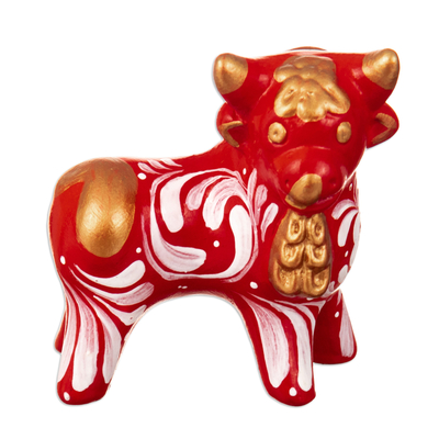 Traditional Andean Handcrafted Ceramic Bull Sculpture in Red