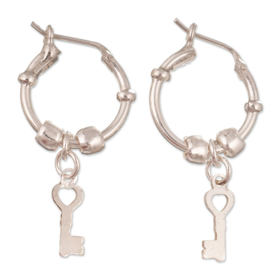 Polished Sterling Silver Hoop Earrings with Dangling Keys