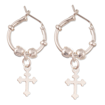 Polished Sterling Silver Hoop Earrings with Dangling Crosses