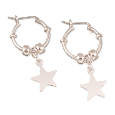 Sterling Silver Hoop Earrings with Dangle Star Pendants