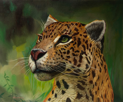 Oil on Canvas Realistic Painting of a Leopard from Peru