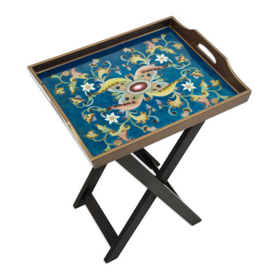 Handmade Reverse Painted Glass and Wood Folding Table