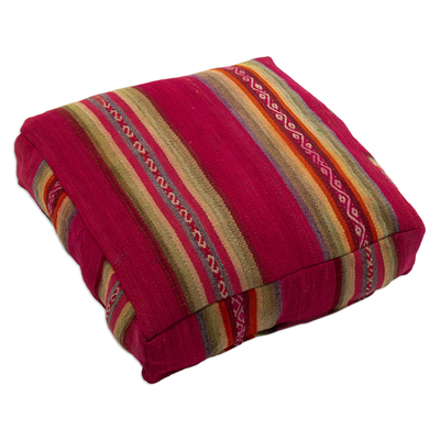 Traditional Handloomed Andean Wool Pouf Cover in Cherry Hues