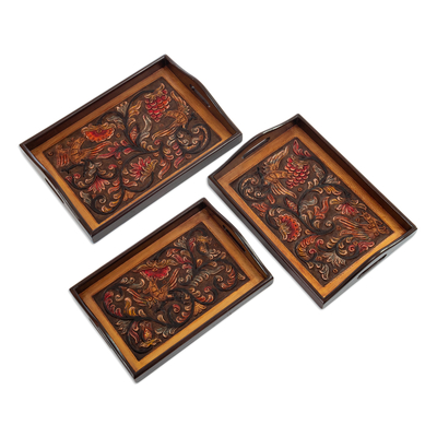 Set of 3 Trays Handmade from Wood and Embossed Leather