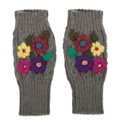 Knit Grey Alpaca Blend Fingerless Mittens with Little Blooms