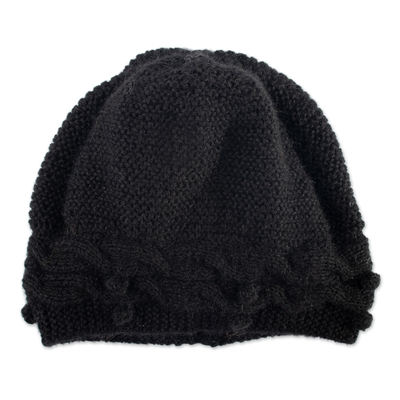 Knit 100% Alpaca Hat in a Black Tone Handcrafted in Peru