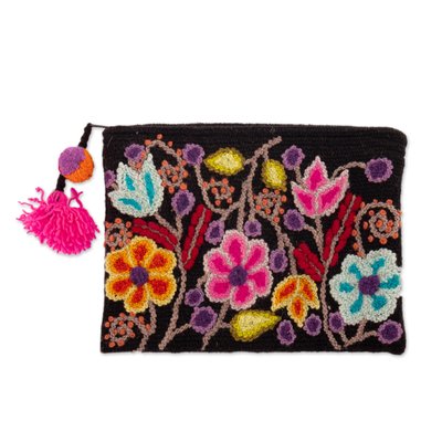 Black 100% Alpaca Cosmetic Bag with Floral Embroidery