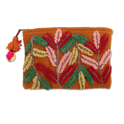 Handcrafted 100% Alpaca Cosmetic Bag with Leafy Embroidery