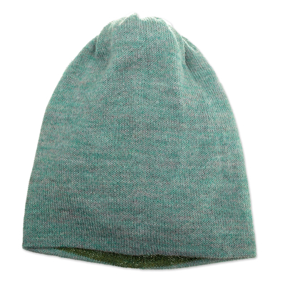 Knit Reversible 100% Baby Alpaca Hat in Cyan and Green