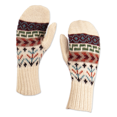Handloomed Traditional Andean Ivory Alpaca Mittens from Peru