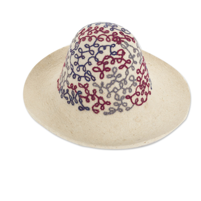 Ivory Wool Felt Hat with Cotton Embroidery Handmade in Cusco
