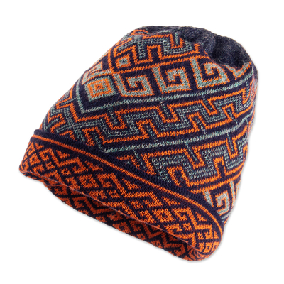 Unisex 100% Baby Alpaca Knit Hat in Aqua and Orange