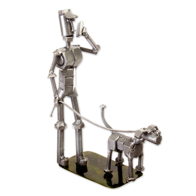 Eco-Friendly Recycled Metal Sculpture of Man and Dog