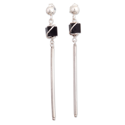 Modern Sterling Silver Dangle Earrings with Obsidian Stones