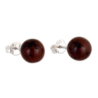 Sterling Silver Stud Earrings with Obsidian Stone from Peru