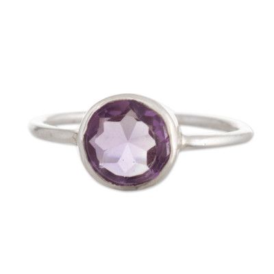 Polished Sterling Silver Single Stone Ring with Amethyst Gem