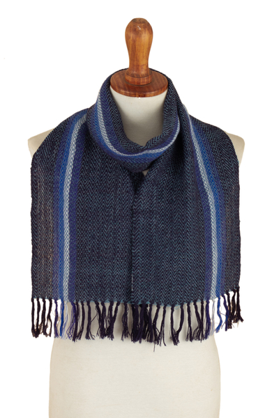 Blue and Ivory 100% Alpaca Striped Scarf Hand-Woven in Peru