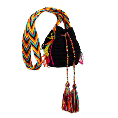 Black Crocheted Sling Bag with Multicolored Accents