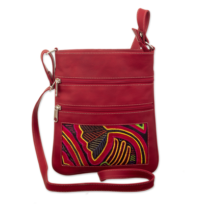 Red Leather Sling with Mola Textile and Adjustable Strap