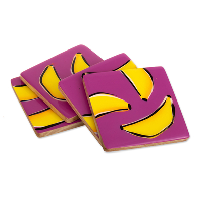 4 Banana-Themed Wood Coasters Hand-Painted in Colombia
