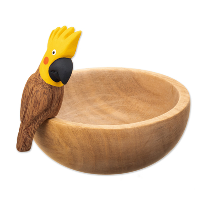 Handmade Cedar Wood Decorative Bowl with a Yellow Cockatoo